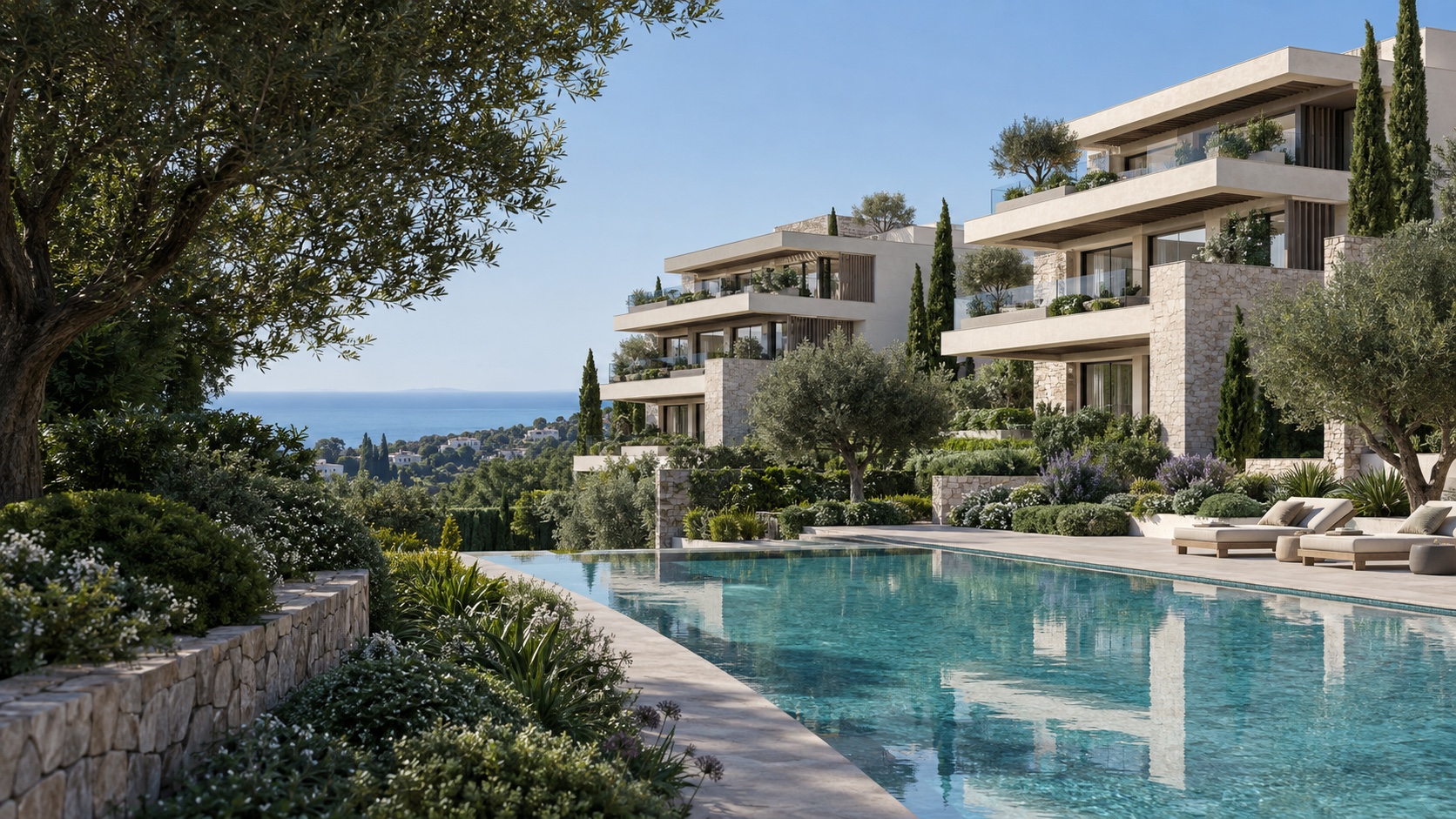 Daytime architectural visualisation of Oregon Hills residences, gardens and pool